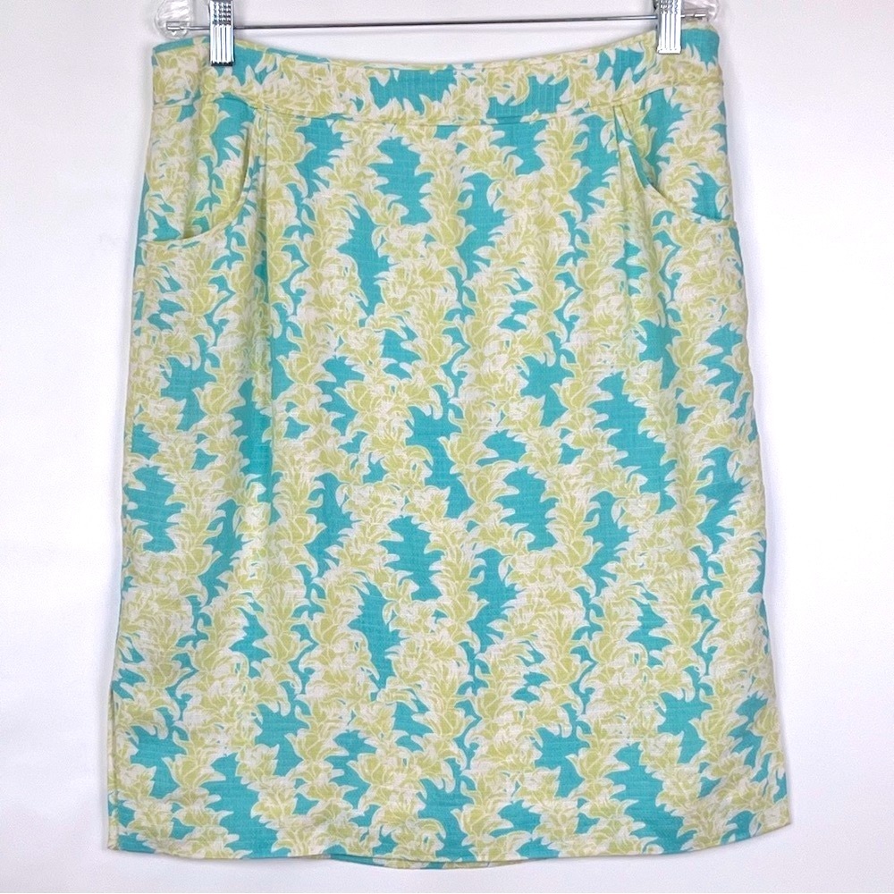 Leafy Textured Linen Pencil Skirt Womens 12 Pockets Green White Lined Office